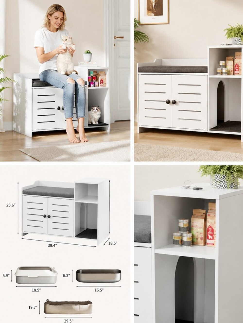 Hidden Cat Litter Box Furniture Bench w/ Storage Shelf – White Farmhouse Style